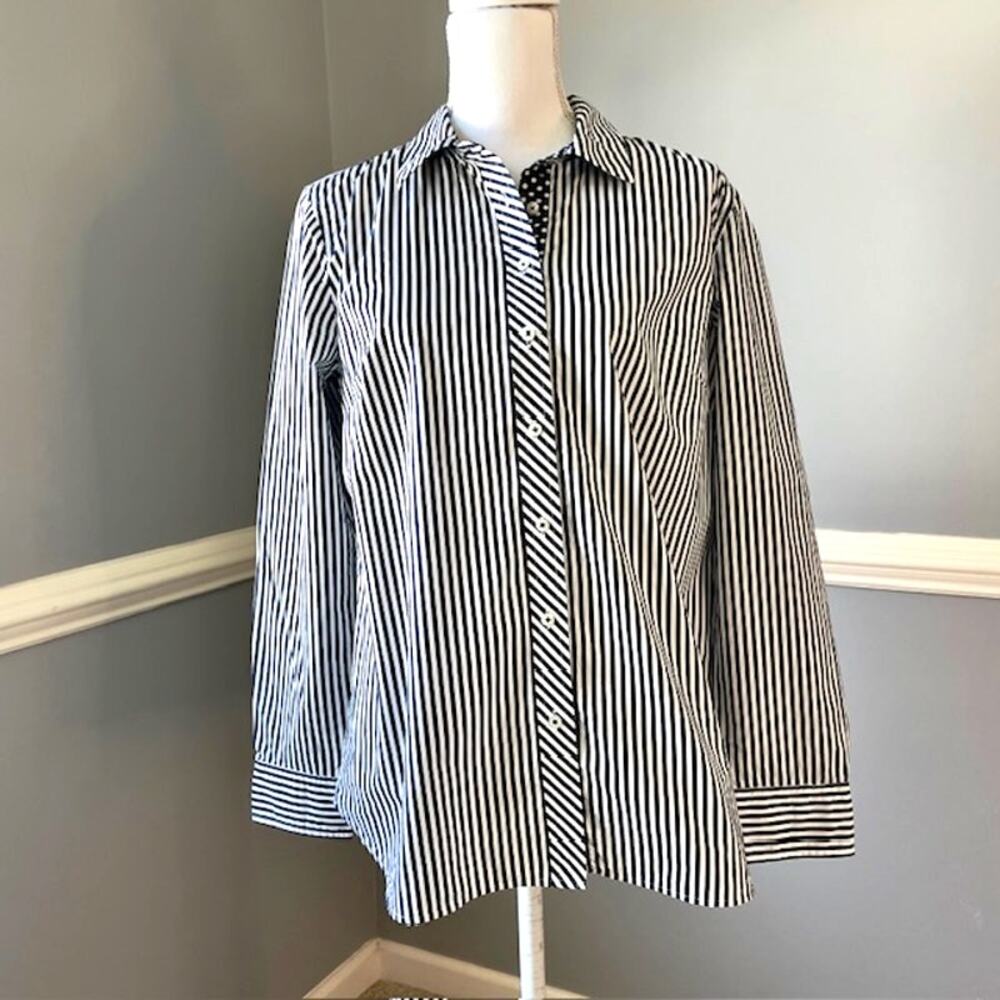Talbots Blue White Stripe Polka Dot Facing Button Front Cotton Shirt M Everyday